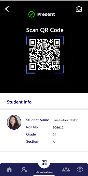SimpliEd attendance flow scanning a student QR code and marking the student present