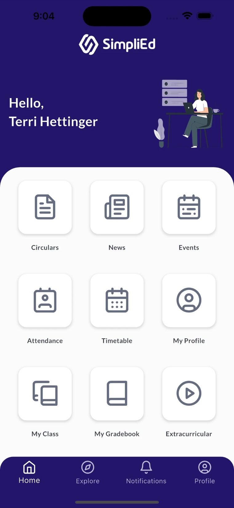 SimpliEd Student app home with modules for circulars, news, events, attendance, timetable and gradebook