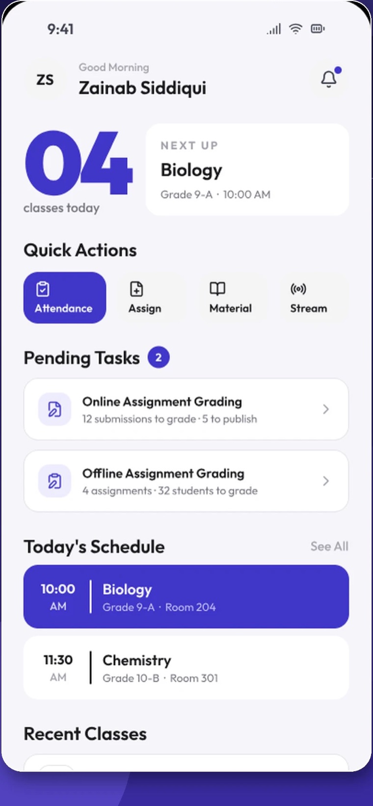 SimpliEd Teacher app dashboard showing today's classes, quick actions, pending grading and the day's schedule